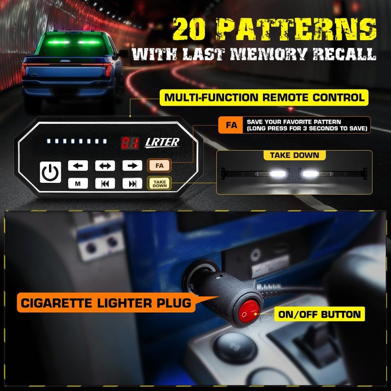 LRTER 2x17.7 Emergency Strobe Traffic Advisor Lights w/Remote Control Interior Windshield Strobe Volunteer Warning Hazard Safety Lights for Vehicles Trucks, Green/White - Image 4